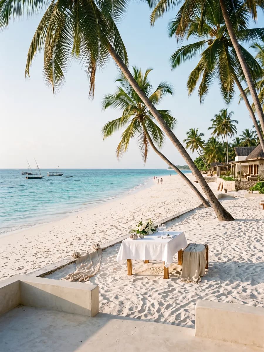 Zanzibar beach with palms, dhows, and a small table set beside the water